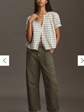 Anthropologie Pleated Plaid Button-Front Top in Cream, Gray and Soft Pink